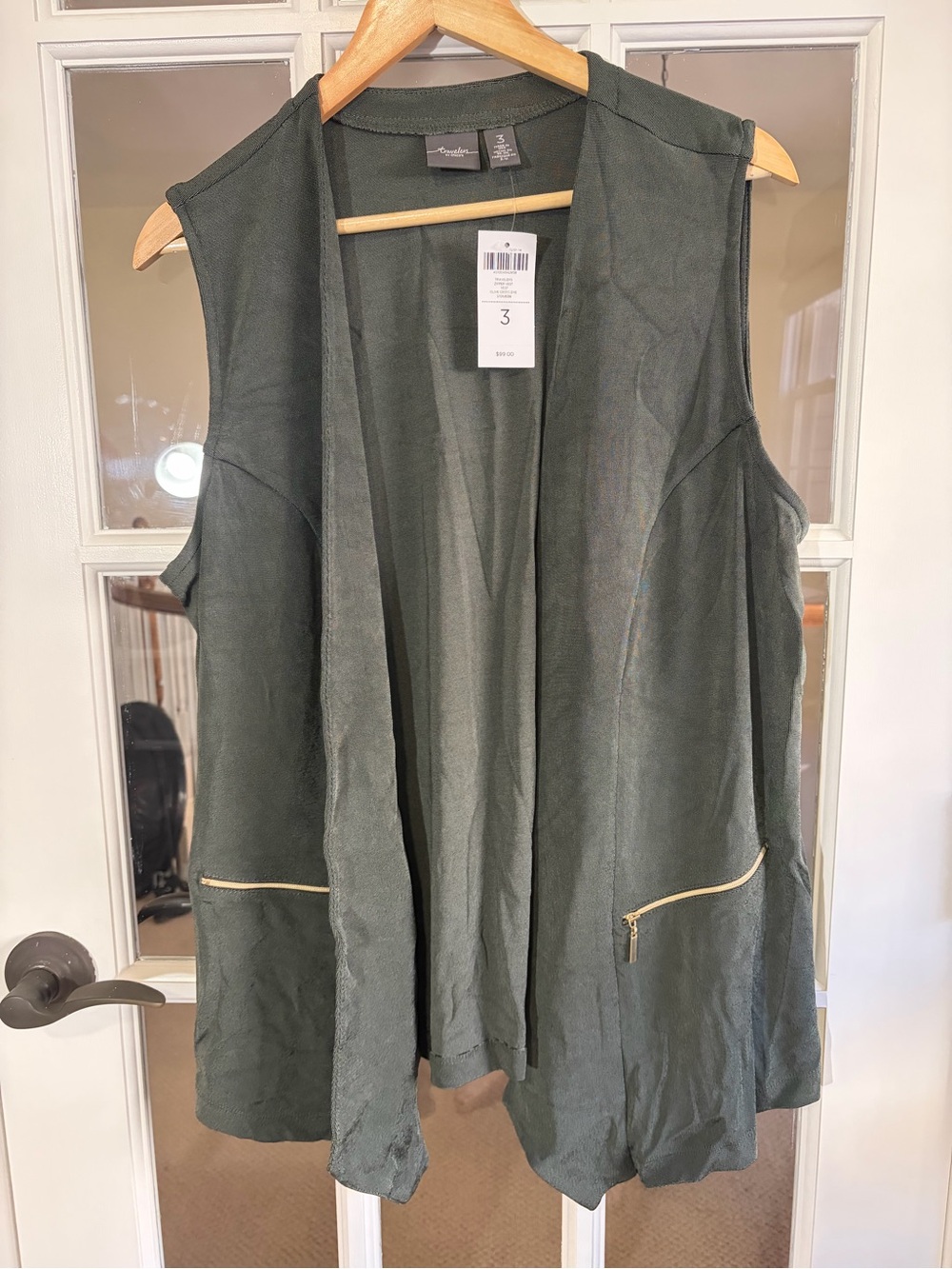 Chico's Dark Olive Green Sleeveless Open Vest with Zip Pockets NWT